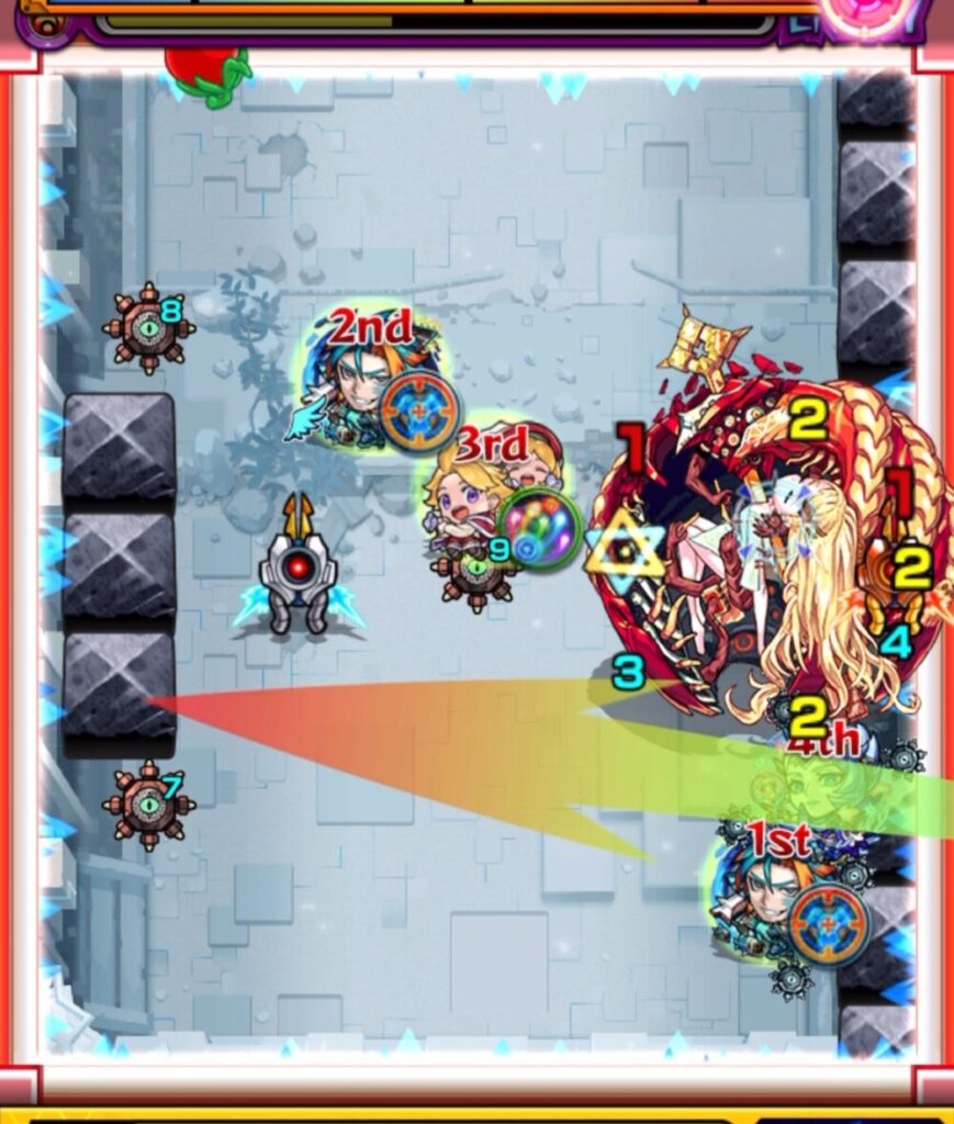 ステージ2の6手目、フリーズがゲージを外してブロック反射を活用。ビットンと中ボスの狭い隙間に入り込み、カンカン攻撃で中ボスを一気に削り切る場面。