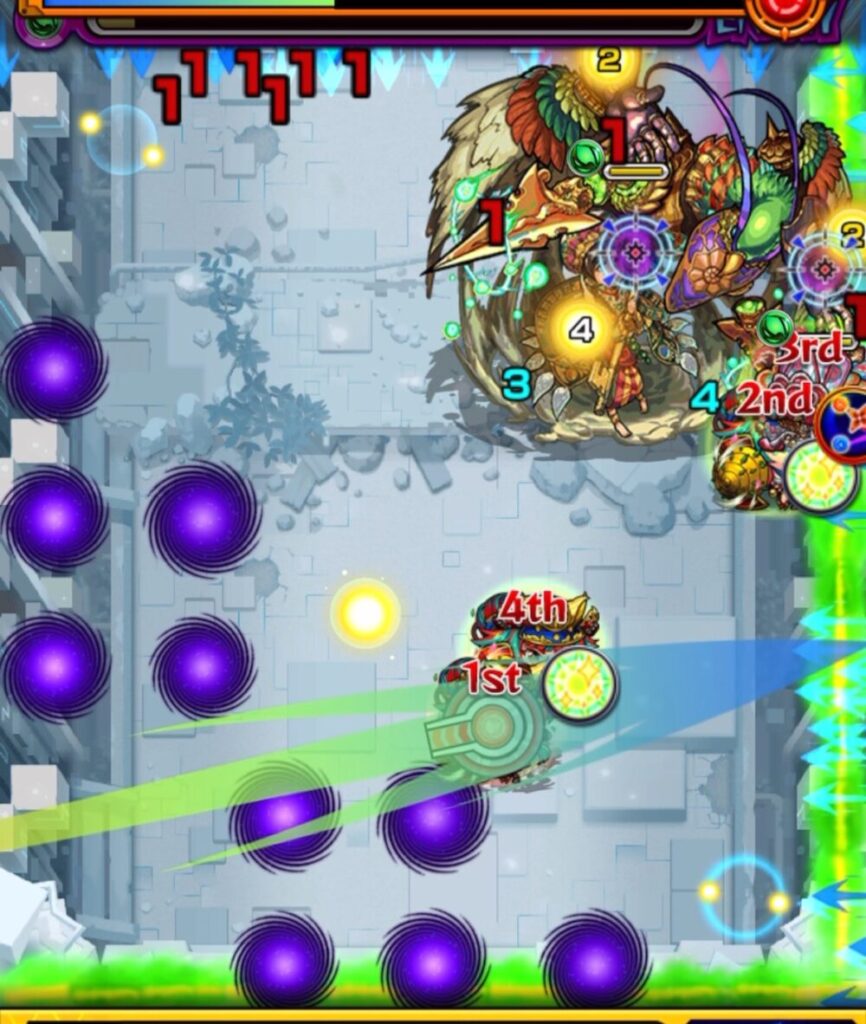 ステージ2の7手目、シャンバラに大きなフォトンを付与し、シャンバラの手を防御ダウンさせ撃破。次ステージへ進行する場面