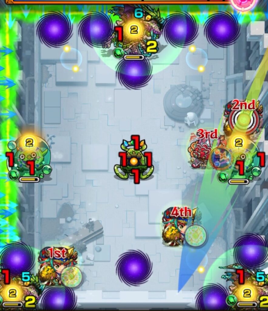 シャンバラの星墓 ステージ3の1手目。ぷよりんを透過させつつ4反射でビットンを攻撃し、バジリスク3体の同時処理に成功した場面