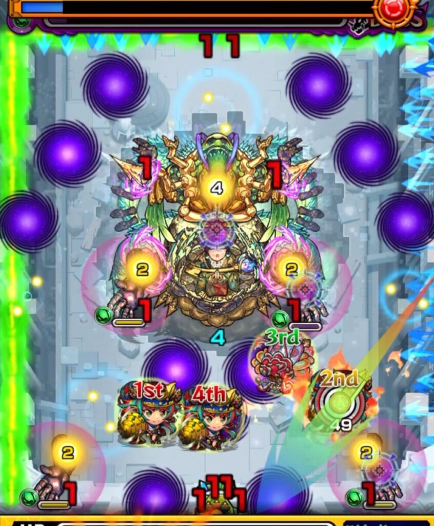 モンスト『破界の星墓』ボスステージ3。残りターン1でシャンバラを透過しつつ、右下角の反射を狙ってバウンド弾を放つ場面。