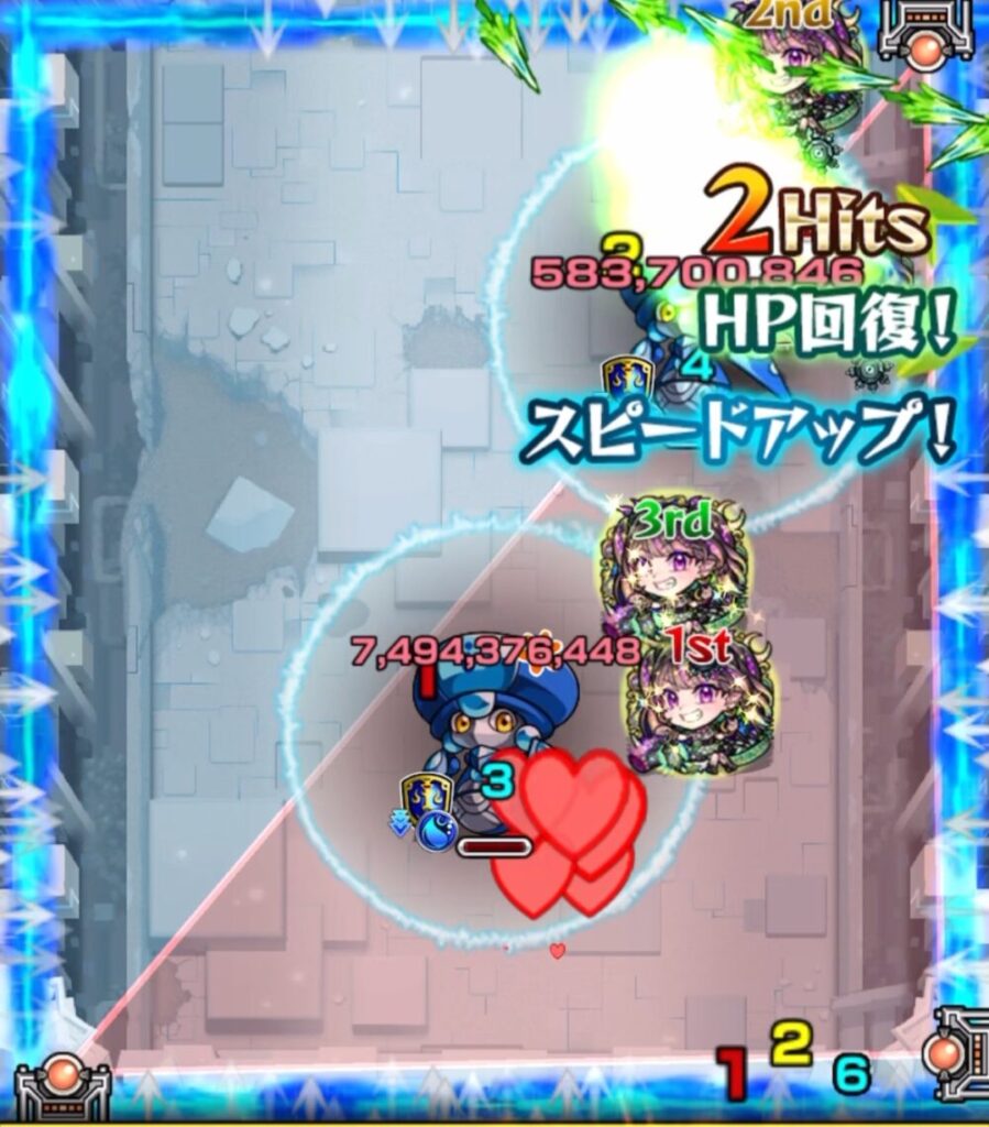 モンスト攻略 ティル・ナ・ノーグの星墓 ステージ1・4手目。トライアングルエリア発動シーンで右上角から直殴りと友情を組み合わせ、防御ダウン中のハンシャインを削り切る場面