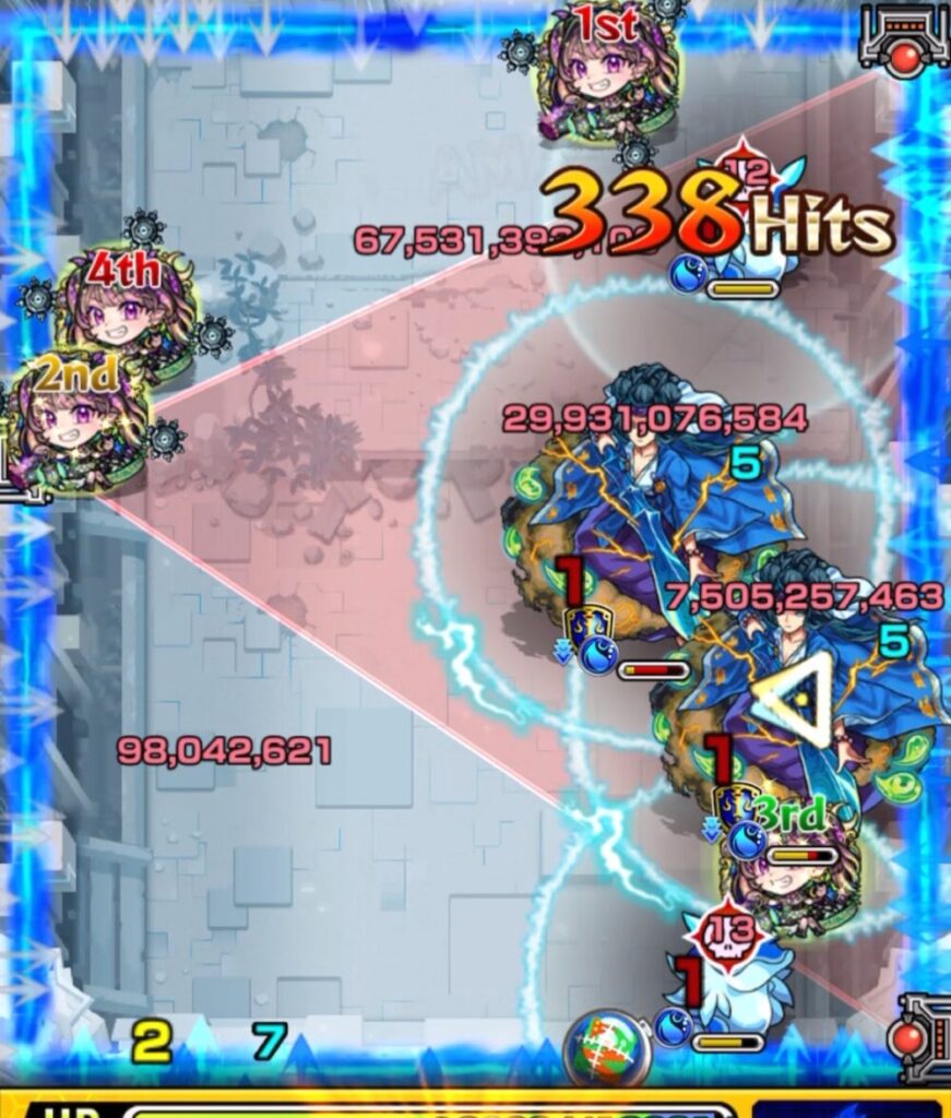 モンスト攻略 ティル・ナ・ノーグの星墓 ステージ2・3手目。トライアングルエリア発動シーンでSSを使い、ウミウシ経由の壁反射からヤマトタケルの弱点を連続攻撃し、2体目の処理に成功した場面