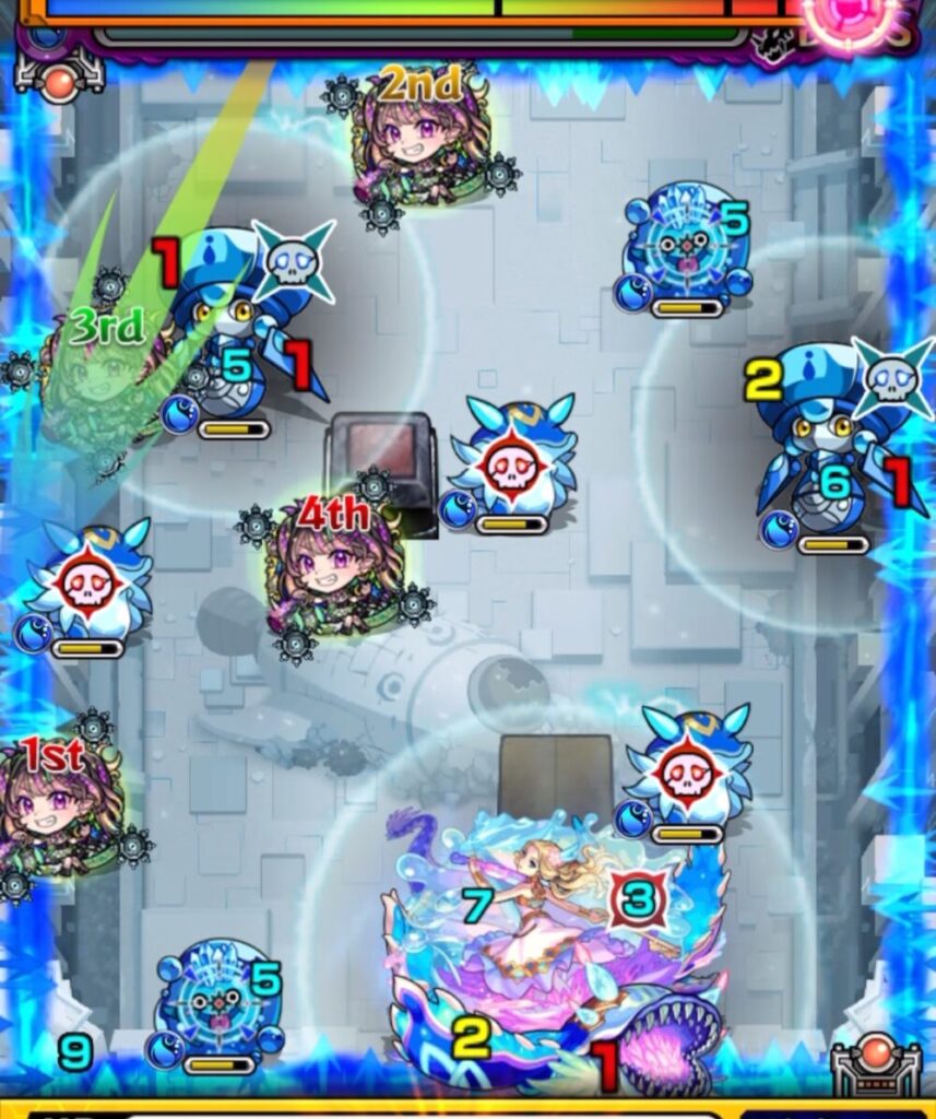 ボスステージ1の1手目。3rdのキャラが左上のウミウシとぷよりんを経由して攻撃し、敵の防御をダウンさせる動き。