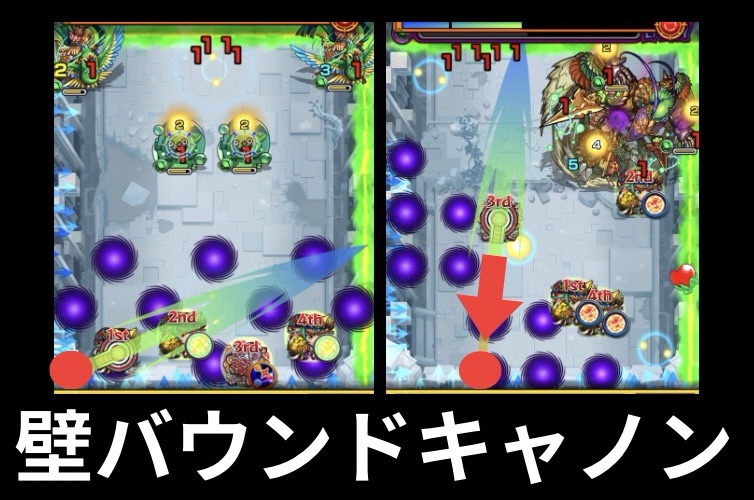 壁バウンドキャノンの解説画像。左は反射ルートを示し、右はキャノン弾がキャラの反対方向へ発射される仕組みを矢印で説明している。