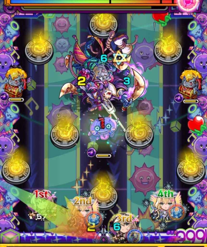 ステージ1の1手目、ハングリンにふれて反撃モードを発動し、中ボスを防御ダウンさせて攻撃している場面のスクリーンショット