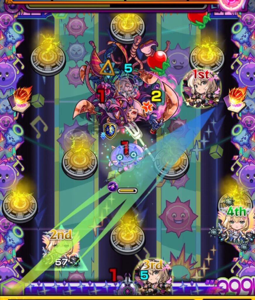 ステージ1の2手目、ハングリンにふれて反撃を発動し、魔導書を拾って敵を気絶させつつ攻撃している場面のスクリーンショット