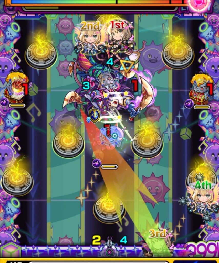 ステージ1の3手目、ハングリンにふれて反撃を発動し、魔導書を拾って敵を気絶させ、中ボスを処理している場面のスクリーンショット