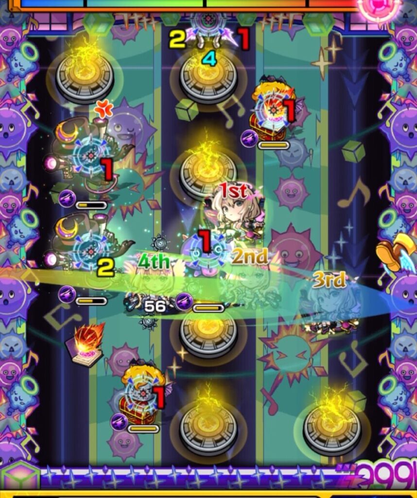 ステージ3の3手目、ハングリンの反撃で敵を防御ダウンさせ、魔導書を拾って反撃ガンマンを気絶させつつ攻撃している場面のスクリーンショット