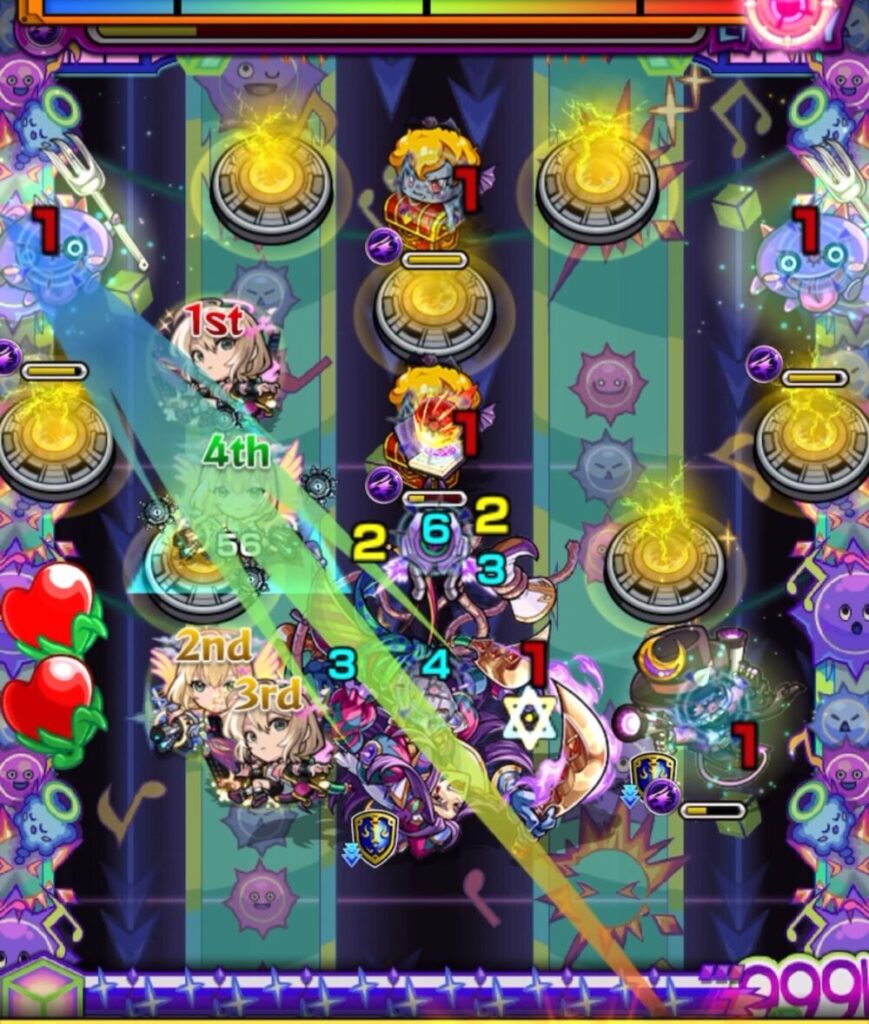 ステージ4の3手目、ハングリンにふれて反撃を発動し、魔導書を拾って敵を気絶させ攻撃を与えている場面のスクリーンショット