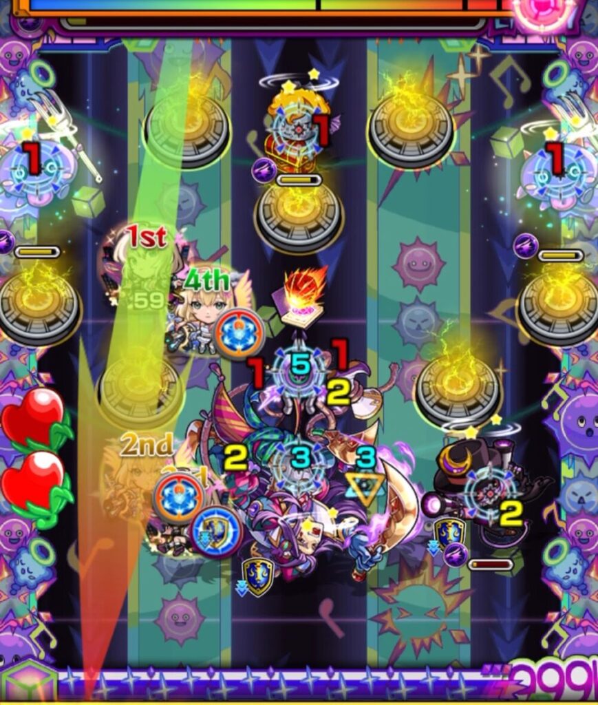 ステージ4の4手目、破邪エルの友情コンボで中ボスを処理し、ハートを回収してHPを回復している場面のスクリーンショット