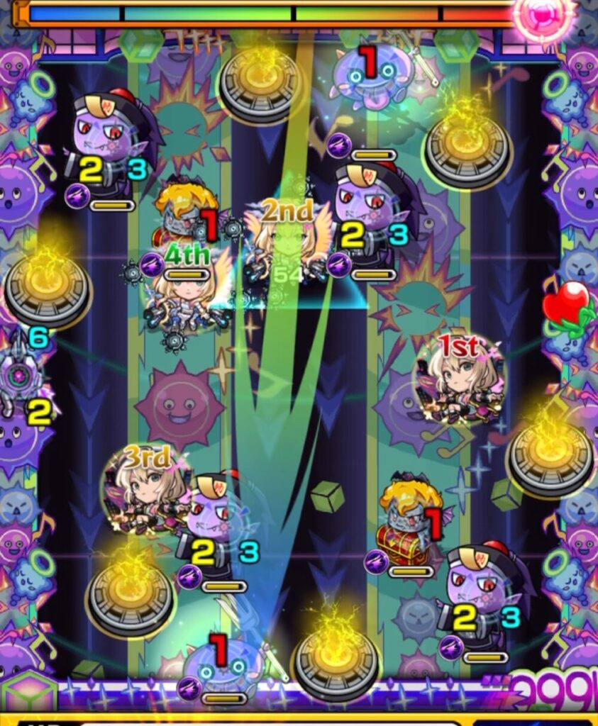 ステージ5の1手目、ハングリンにふれて反撃を発動し敵を防御ダウン。その後、友情で天使を倒して魔導書を出現させた場面のスクリーンショット