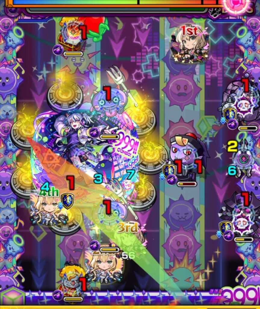 ボスステージ1の3手目、ハングリンに触れて防御ダウンを付与し、天使を倒して魔導書を出現。魔導書を回収して気絶させた状態で、左下のゾンビを処理した場面。