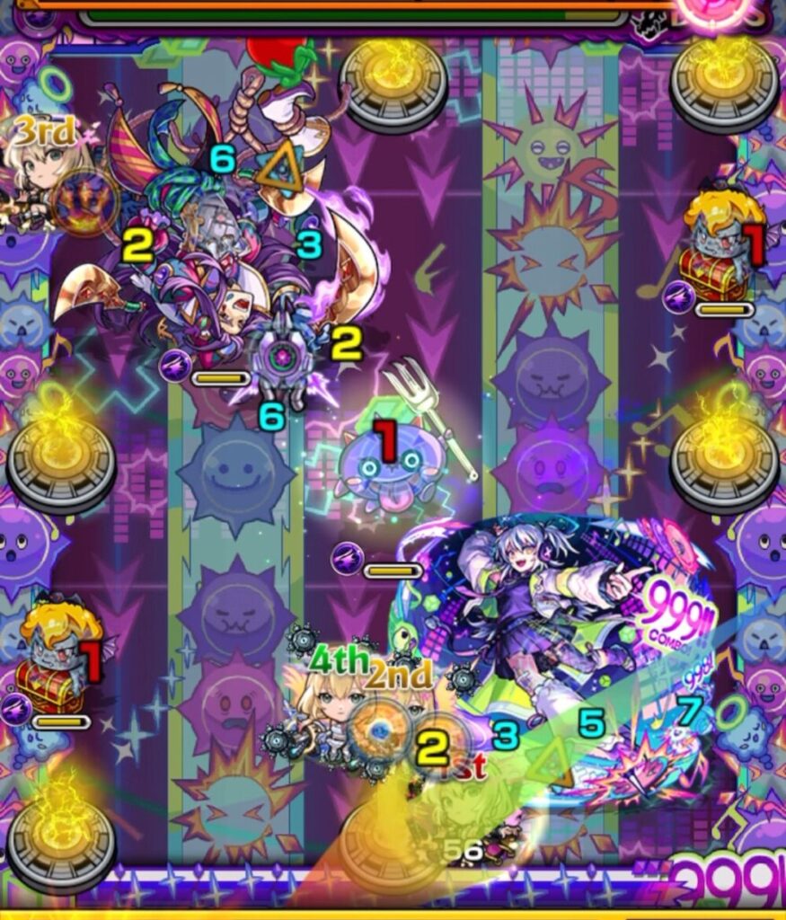 ボスステージ2の1手目。右下スタートのキャラが天使を撃破して魔導書を出現させ、そのままハングリンに触れて反撃を発動。防御ダウン状態のボスに気絶を付与し、次の攻撃の起点を整えた直後の盤面。
