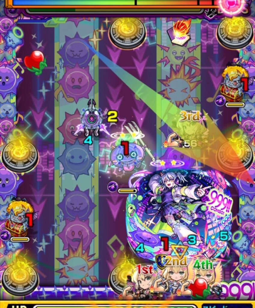 ボスステージ2の3手目。右下スタートのキャラが友情を誘発しつつ、中央の弱点に直殴りで攻撃。防御ダウン＆気絶状態のボスにダメージを与え、残りHPを大きく削った。