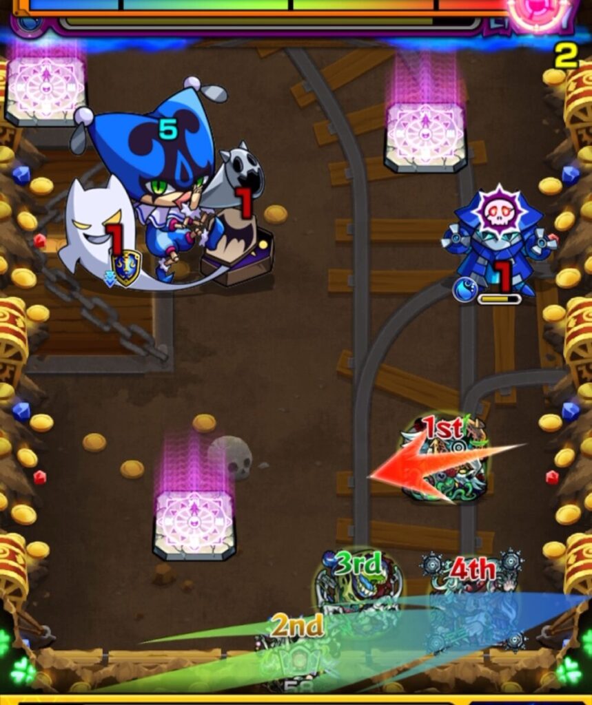 ステージ1の2手目、1stキャラがランチャーパネルに乗りつつ右側のドクロ雑魚とピエロへ攻撃を狙う場面。配置キャラも連動して敵を攻撃可能だが、パネル配置には失敗している。