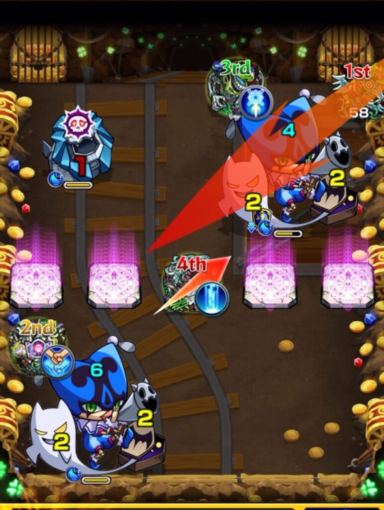 ステージ3の7手目、手番キャラで左上のドクロ雑魚を狙い、さらにランチャーパネル配置の味方で右側ピエロを攻撃する場面。