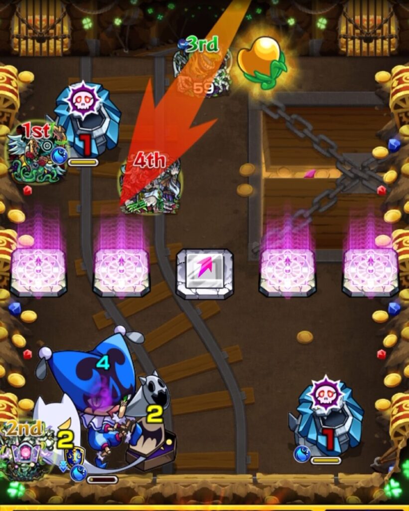 ステージ3の9手目、4番手キャラが左壁との隙間に入り込み、ピエロへのカンカン攻撃を狙っている場面