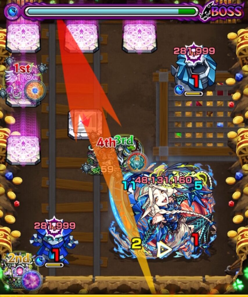 ボスステージ1の1手目、味方キャラがランチャーパネルを踏みつつ左下と右上のドクロ雑魚の処理を狙う場面。雑魚撃破でボスに防御ダウンを付与する流れを意識している。