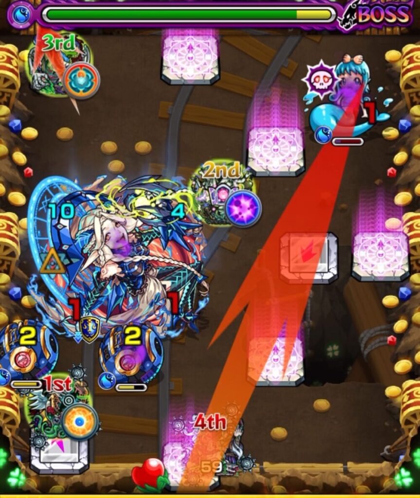 ボスステージ2の2手目。キャラがランチャーパネルを経由して右上のドクロ雑魚を攻撃し、同時にギャラクシーを処理。配置キャラがボスにも攻撃を与えている場面。