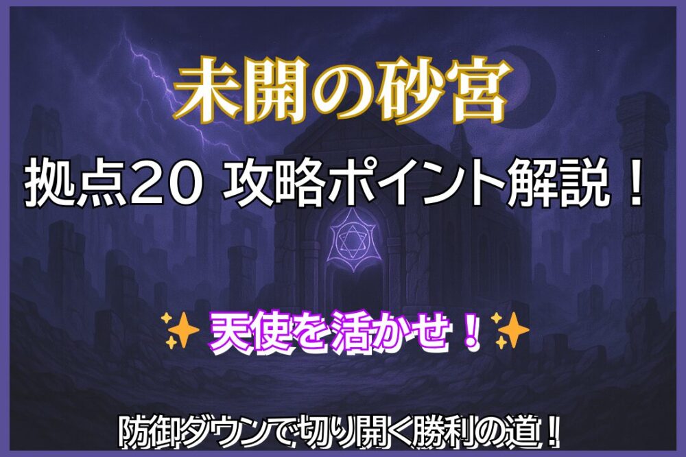 未開の砂宮・拠点20の攻略ポイントを解説するサムネイル画像。背景に砂漠の神殿が描かれ、「拠点20 攻略ポイント解説！」「✨天使を活かせ！✨」「防御ダウンで切り開く勝利の道！」のテキストが配置されている。