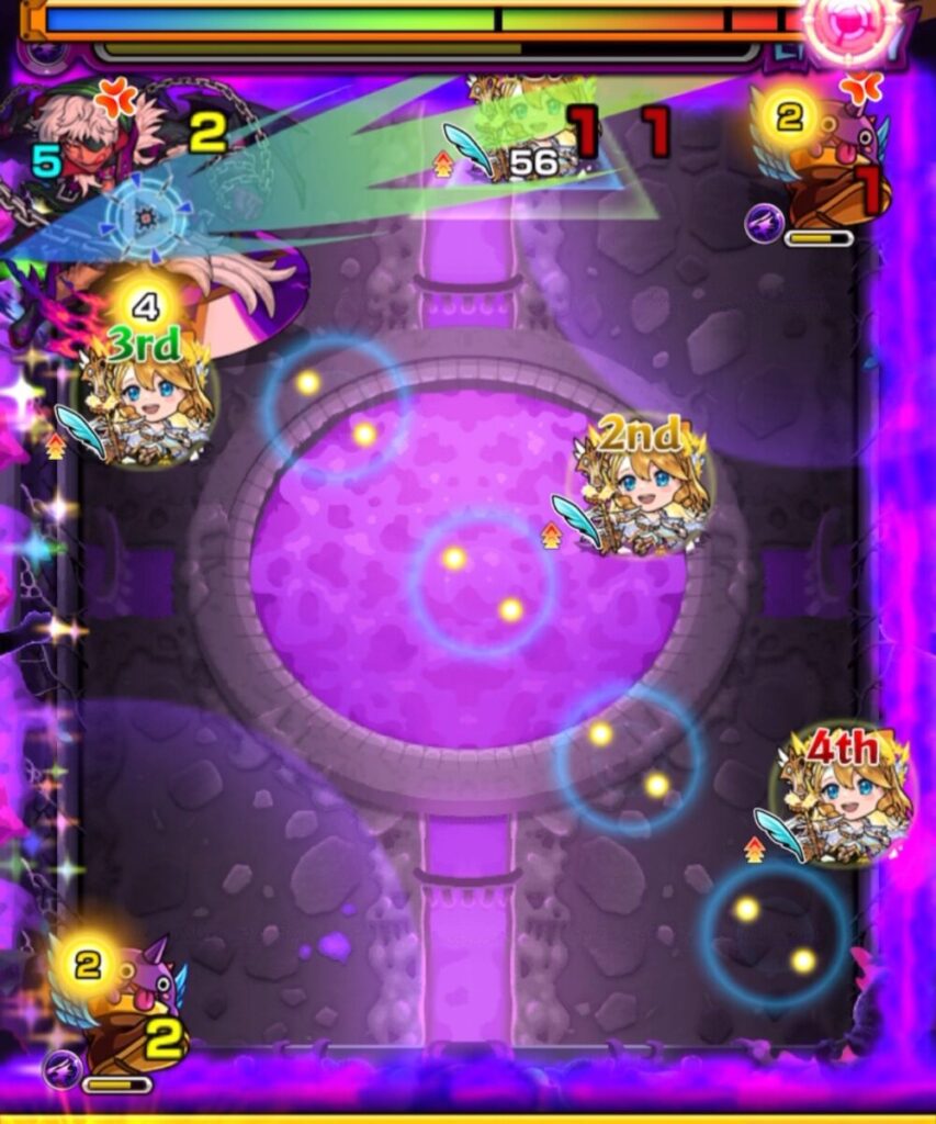ステージ2・2手目。1Pが攻撃力アップ状態でアマイモンの弱点を直撃し、大ダメージを与えている場面。