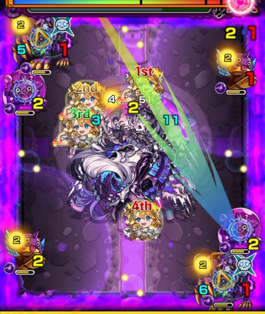 モンスト超究極ドラギニャッツォ・ボスステージ1。1手目で攻撃力アップ状態のキャラがビゼラーとぷよりんを同時処理し、クロスドクロ発動でボス弱点が出現した場面。