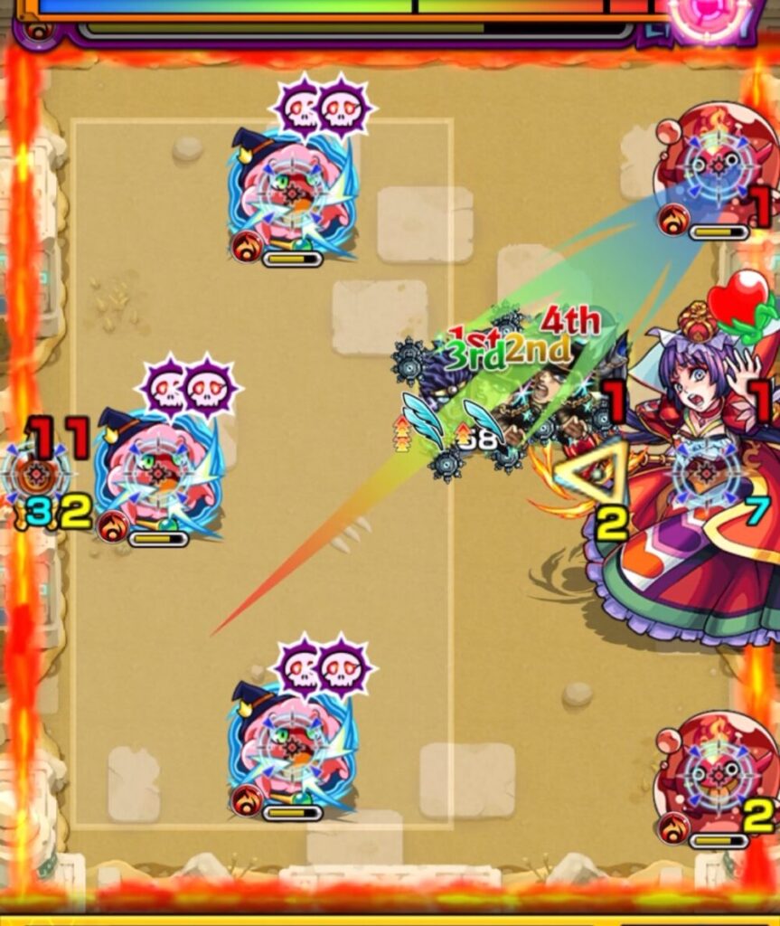 未開の砂宮【拠点21】ステージ2の1手目。右上のぷよリンの攻撃ターン残り1のため、感染ウイルスウィンド発動前に確実に処理を狙う。ぷよリン経由でスーを倒し、味方をエレメントエリア内に配置することを意識した場面。