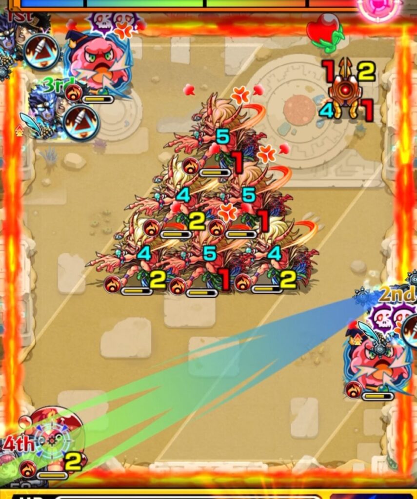 未開の砂宮【拠点21】ステージ4の2手目。ぷよリンを処理し、左右のエレメントエリア内の味方にふれて友情コンボで鬼にダメージを狙うが、左側の味方を押し出してしまい火力不足となった場面。