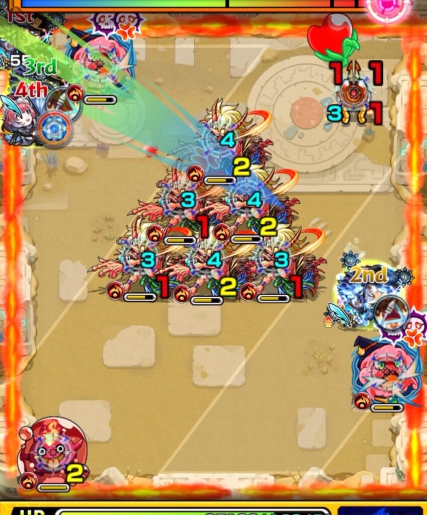 未開の砂宮【拠点21】ステージ4の3手目。スーを処理しながら鬼を攻撃し、減速を利用して味方をエレメントエリア内に配置した場面。