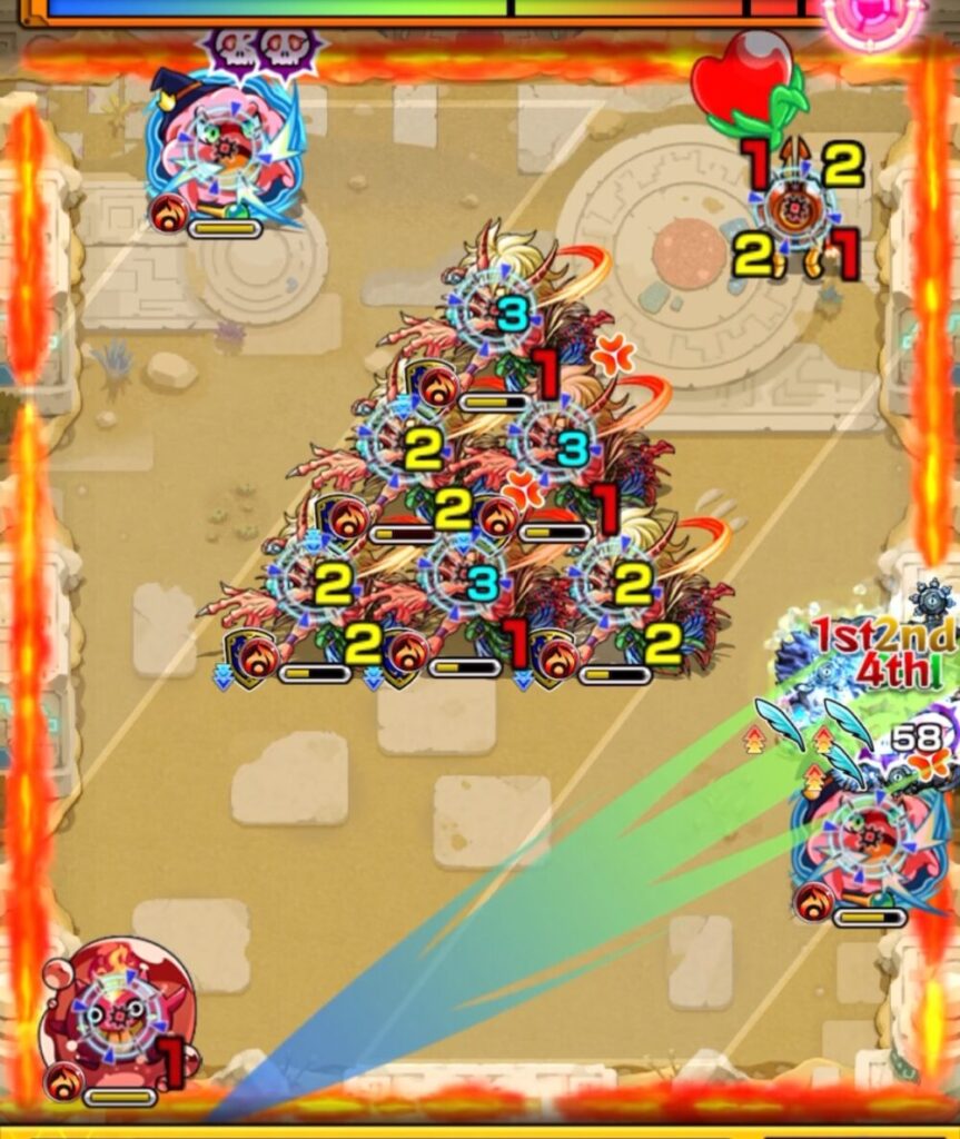 未開の砂宮【拠点21】ステージ4の4手目。ぷよリンの攻撃ターンが迫る中、友情コンボで鬼にダメージを与えつつぷよリンを処理し、結果的に鬼の全処理にも成功した場面。