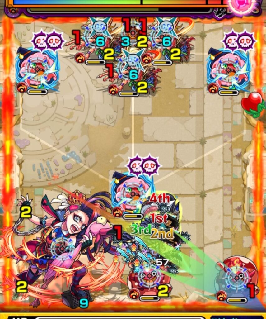 未開の砂宮【拠点21】ボスステージ2の1手目。右下のぷよリンを処理しつつエレメントエリア内に配置を狙うも失敗。次ターンでボスが透過状態に移行する直前の場面。