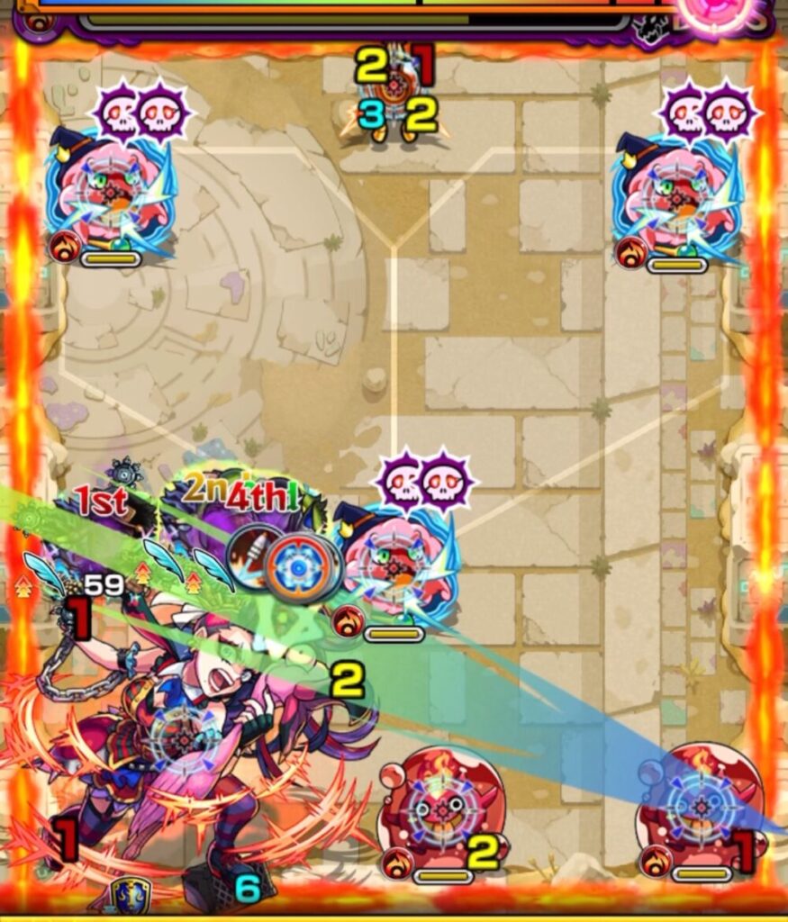 未開の砂宮【拠点21】ボスステージ2の4手目。左下のぷよリンの攻撃ターンが残り1だったため、スーを経由して確実に処理。同時に味方をエレメントエリア内へ配置した場面