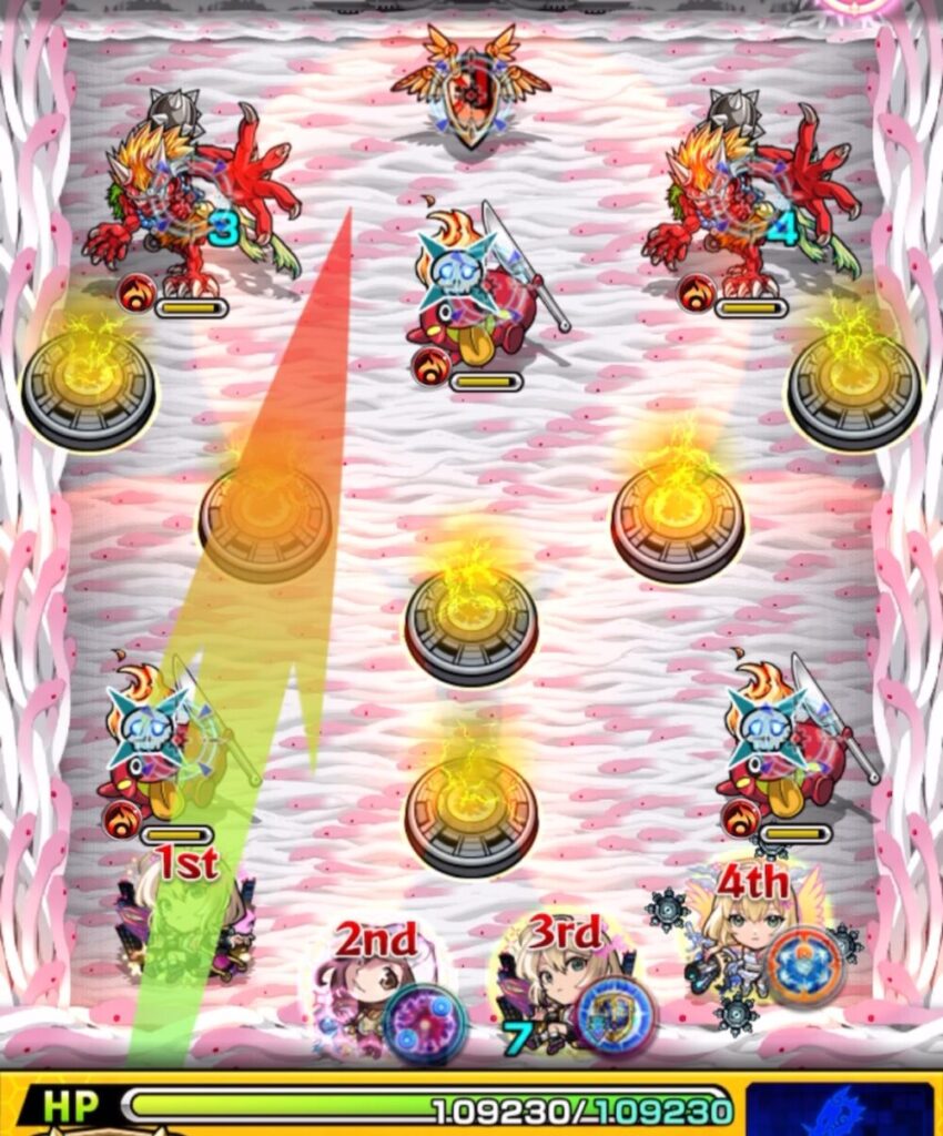 ステージ1・1手目。エルのショットスキルで味方を動かしながら左下のフォーク雑魚を処理し、鬼にダメージを与えて立ち回りを安定させる場面。