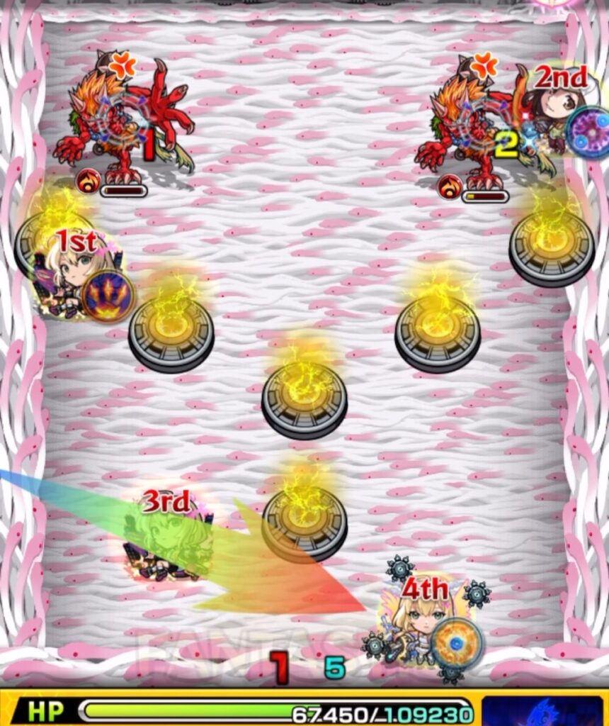 ステージ1の3手目。破邪エルを動かして鬼を集中攻撃し、残りのHPを削り切って処理する場面。