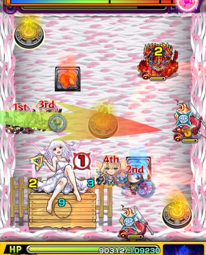 ステージ2・2手目。左壁と中ボスの隙間を狙ったが失敗して右側へ抜け、青パネルで減速する。結果的に破邪エルの友情コンボが発動し、中ボスに大きなダメージを与える場面。
