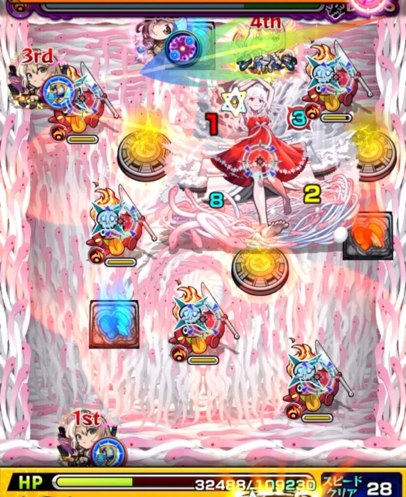ボスステージ1・3手目。破邪エルのSSを青パネル経由で発動し、攻撃と同時にHP回復にも成功