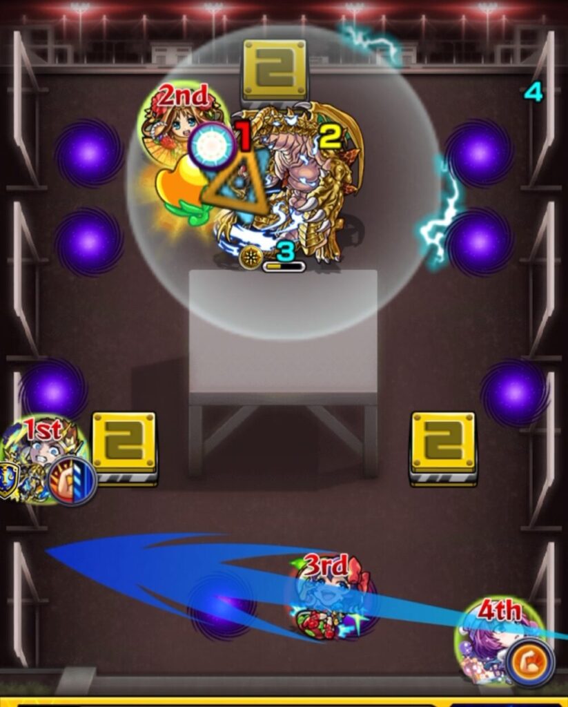 ステージ1の3手目。キャラがコンテナからエナジーを取得し、バハムートの弱点を直殴りして撃破を狙う場面のスクリーンショット