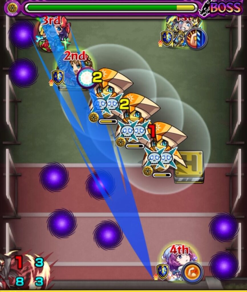 ボスステージ2。ハンシャインを3体処理してクロスドクロが発動し、中央にボスが出現した場面