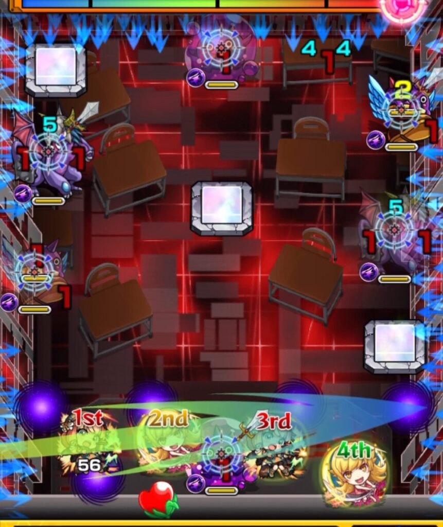 モンスト超究極・忍野扇ステージ1。ぷよりんとリドラが配置されたマップ。ぷよりんはワンパン可能で毎ターン蘇生、リドラは毎ターン全回復するため実体化させて処理する必要がある