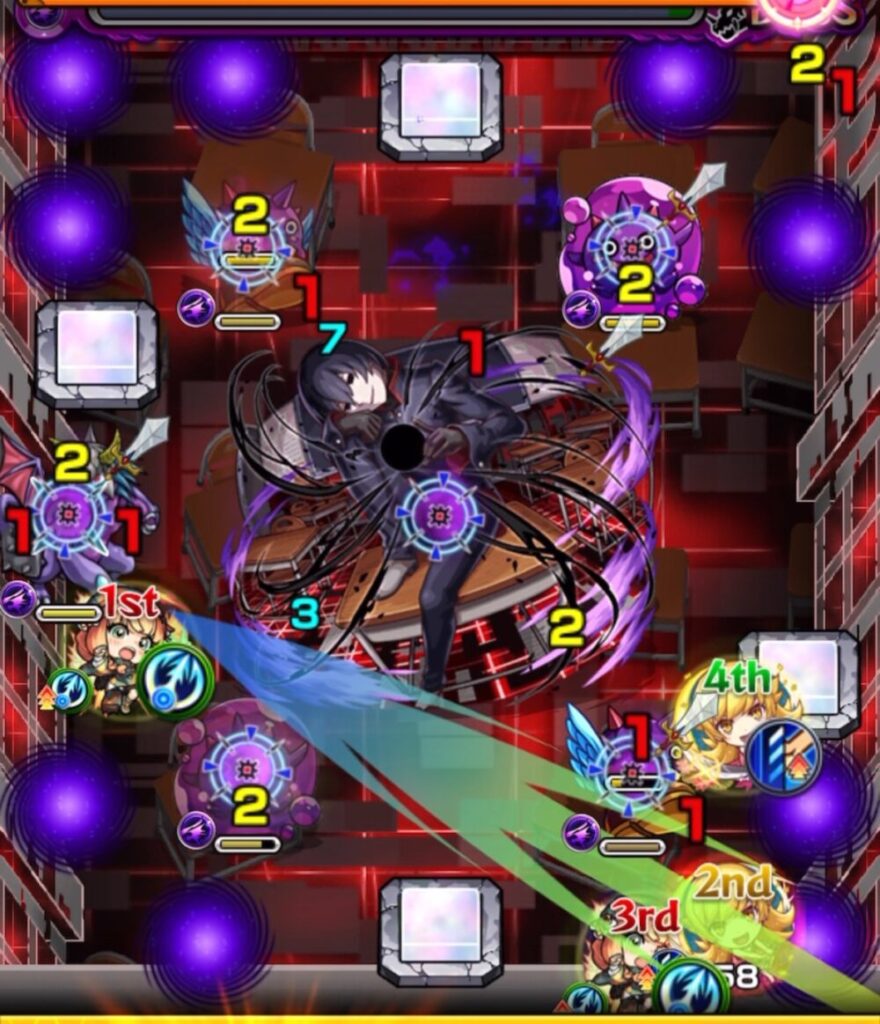 モンスト超究極・忍野扇のボスステージ1。3手目で、はやリン経由でリドラを攻撃するも火力不足で処理に失敗した場面