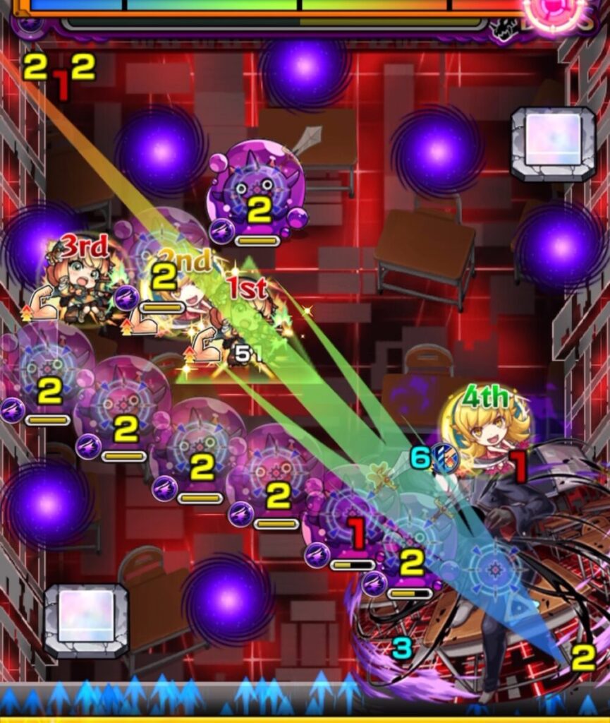 モンスト超究極・忍野扇のボスステージ2。3手目でチハのSSを使い、ぷよりん2体を経由してボスの弱点を攻撃し突破した場面