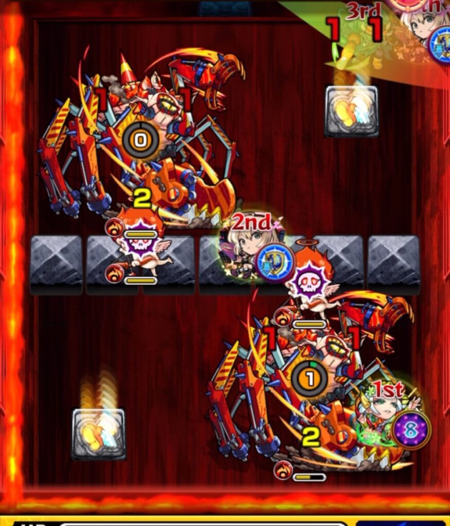 ステージ3の2手目。加速パネルを活用し天使を倒した後、直殴りでカニ雑魚に攻撃。運良く同時処理に成功した場面。