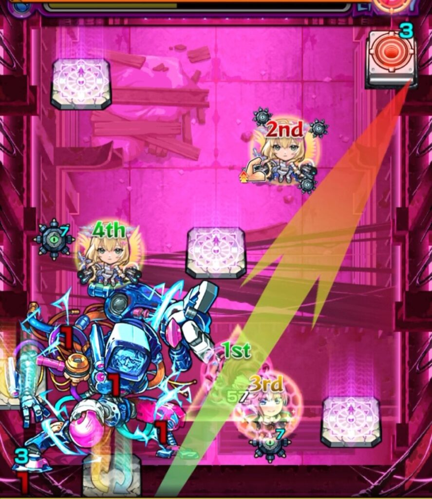 ステージ3の2手目で、ボールユニットとPC−3Gの間をカンカン攻撃してバリアを破壊し、挟まり攻撃で撃破・突破した場面のスクリーンショット。