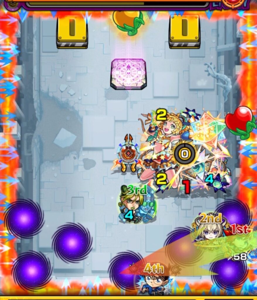 ステージ1の5手目、エクスカリバーがゲージを外してダメージを受け、次ターンのマサムネのバウンドヒールで回復を狙う場面。下壁付近に配置している。
