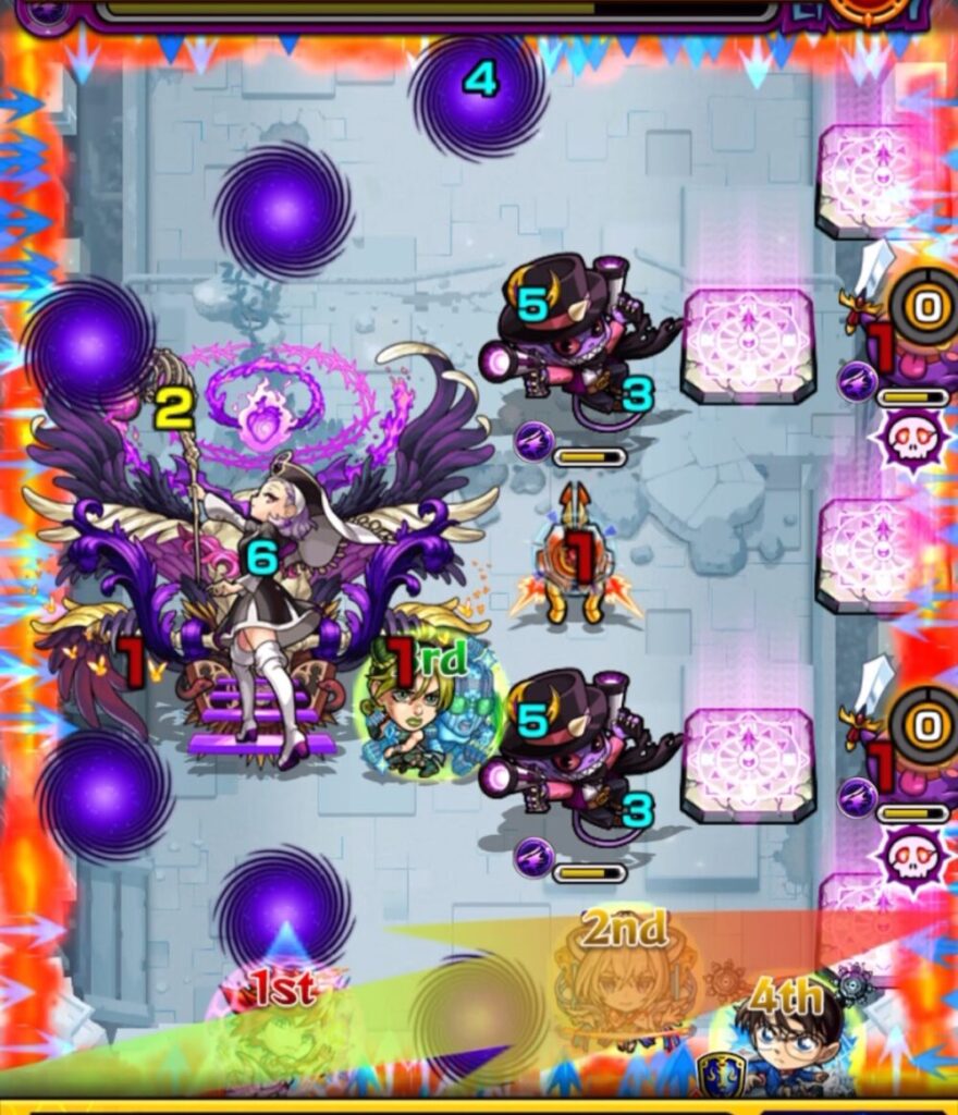 ステージ2の1手目、エクスカリバーがストライクショットでゲヘナを撃破し、右の剣リンの下にゲージを外して配置している場面。