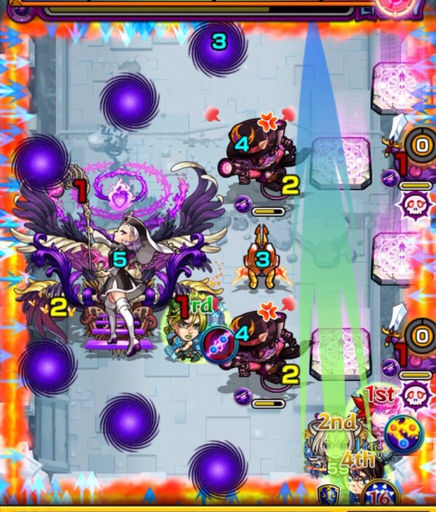 ステージ2の2手目、マサムネがガンマンの上に配置している場面。魔法陣にふれてひよこ状態にならないよう注意している。