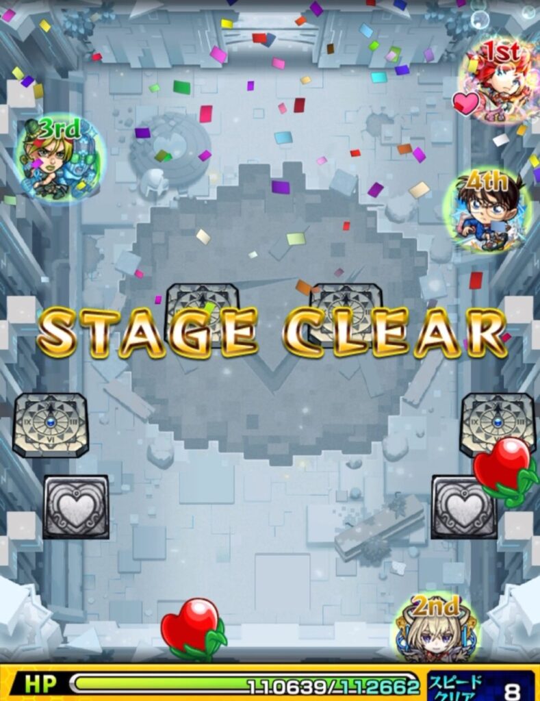 ボスステージ1の撃破シーン。コナンのストライクショットが決まり、マンドムを撃破してStage Clearとなった瞬間。