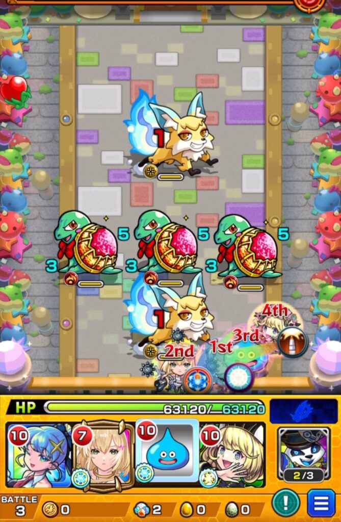 ステージ3でこんきつねが出現し、エルの友情で撃破して魂気を獲得するシーン。処理後にボスステージへ進行。