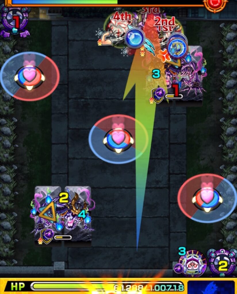 ステージ2の3手目で、ガシャドクロが防御アップ状態のまま攻撃してしまい、ダメージが通らなかった場面のスクリーンショット。