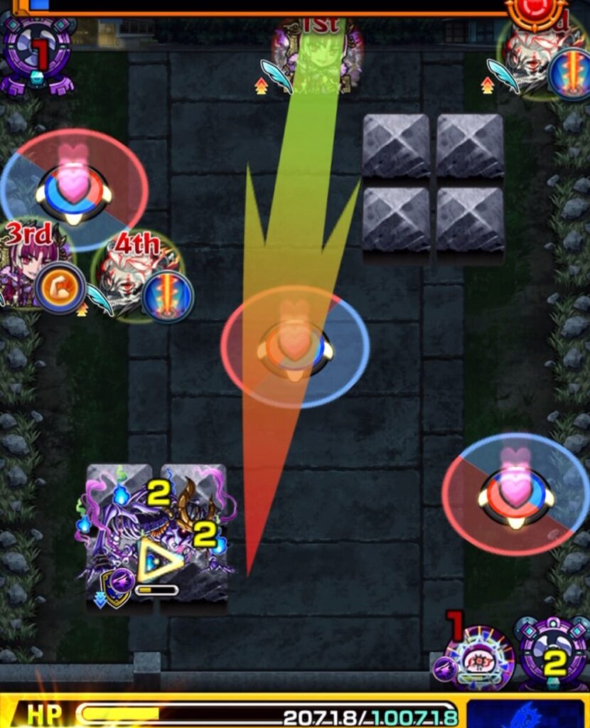 ステージ2の5手目で、赤パネルを踏んでHPを回復しながら、ガシャドクロの弱点を攻撃して撃破した場面のスクリーンショット。
